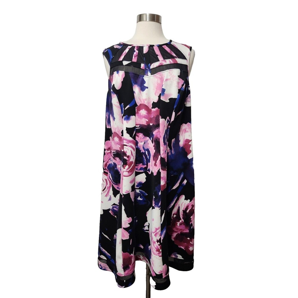 W WRAPPER Dress 2X Pink Blue Panel Trapeze Swing Back Zip Sleeveless Mesh Neck